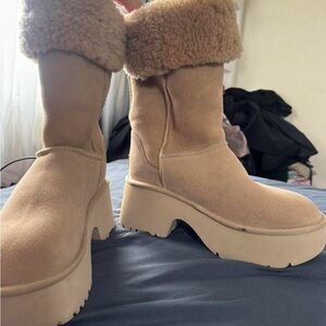 UGG Tan Platform Shearling Cuff Heeled Boots